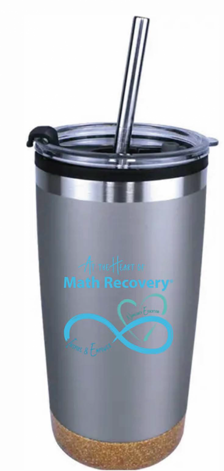 Tumbler, 20oz. Metallic Silver with Cork Bottom, re-usable straw, and flip lid. At the Heart of MR Logo Imprint